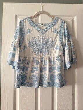 White Blouse with Light Blue Floral Embroidery